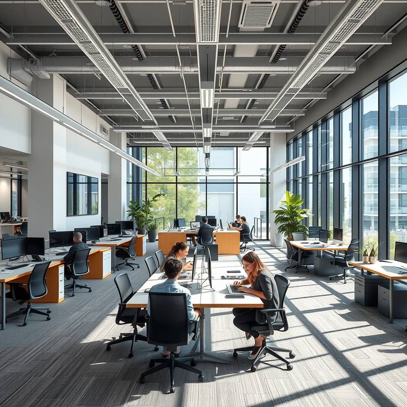 A bright, modern office interior showcasing collaborative workspace and ergonomic design.
