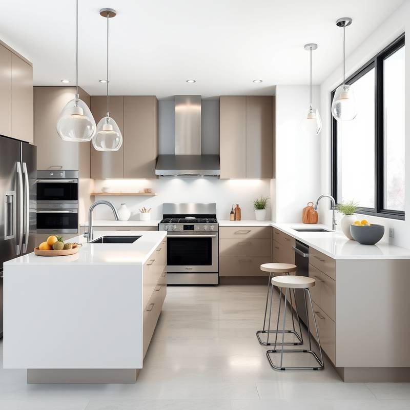 A contemporary kitchen with sleek cabinetry, stainless steel appliances, and a large island with seating. The space is well-lit and features minimalist decor.