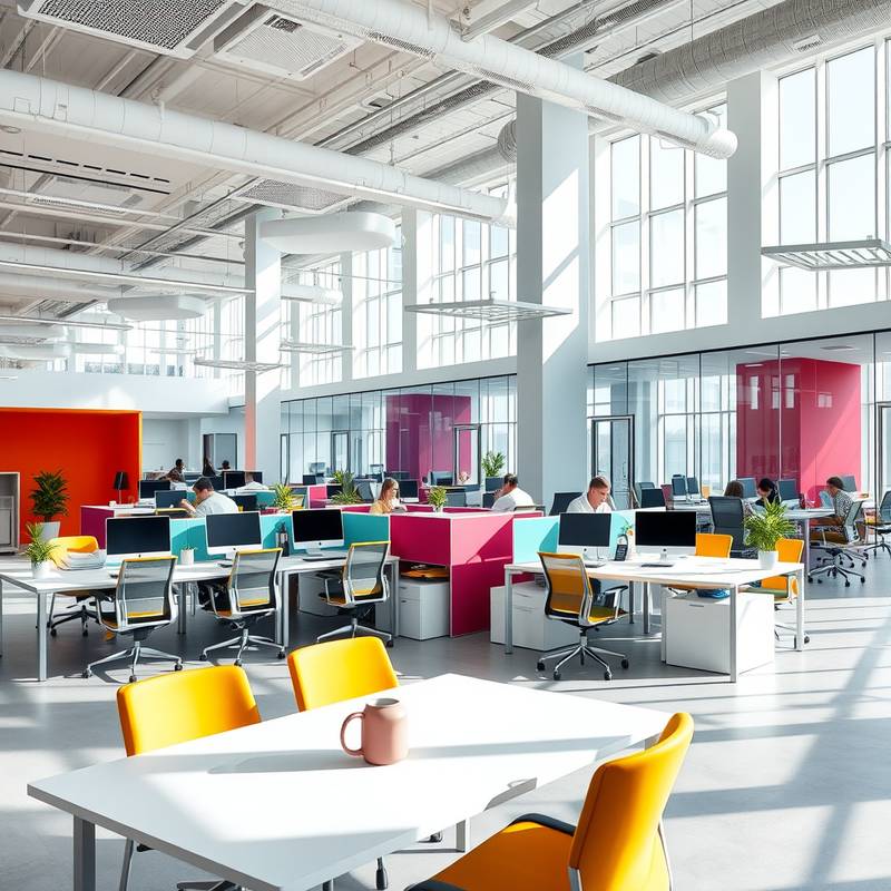 A contemporary office space featuring an open floor plan, collaborative workstations, and vibrant accent colors. Glass partitions provide privacy while maintaining a sense of openness.