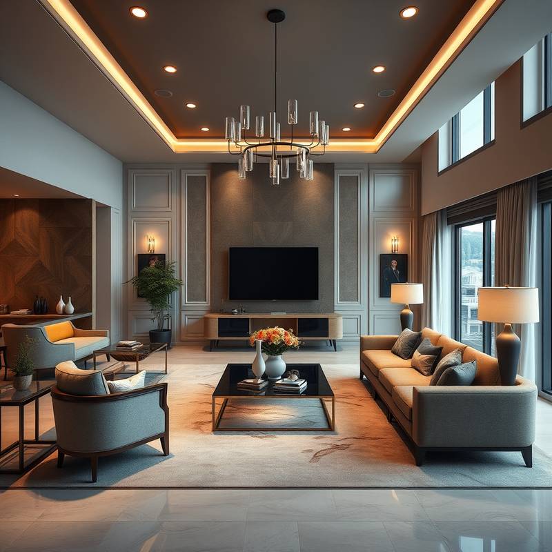 A luxurious living room design featuring high-end furniture, custom lighting, and a sophisticated color palette.