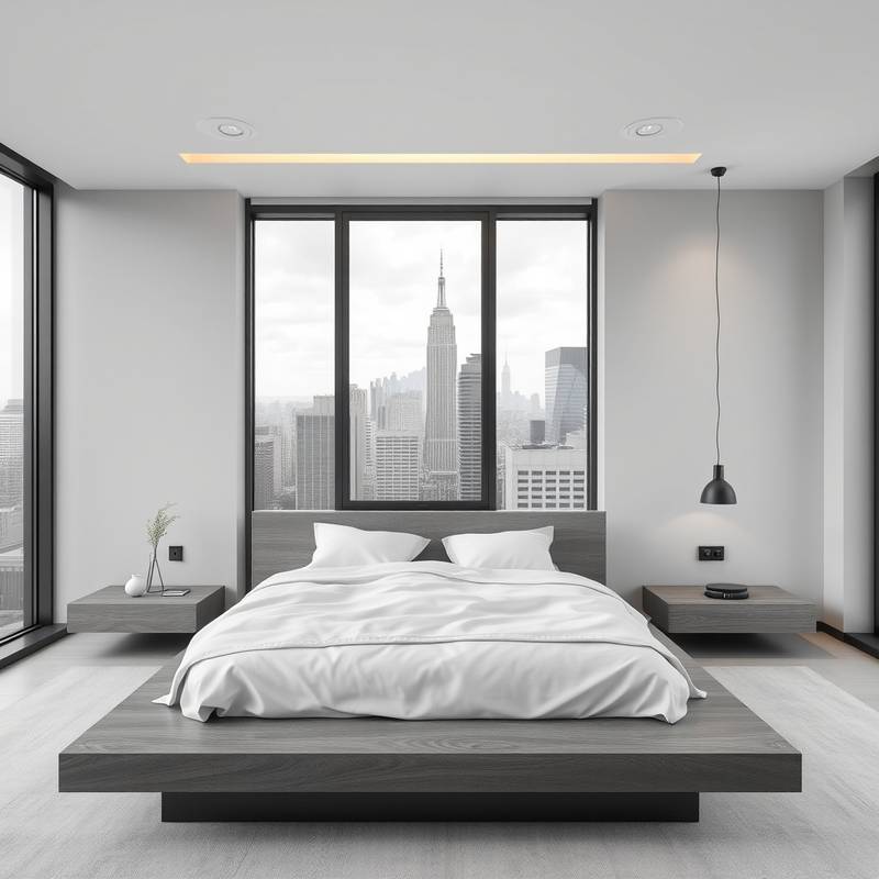 A minimalist modern bedroom with a platform bed, floating nightstands, and a large window overlooking a cityscape. The color palette is muted with soft grays and whites.
