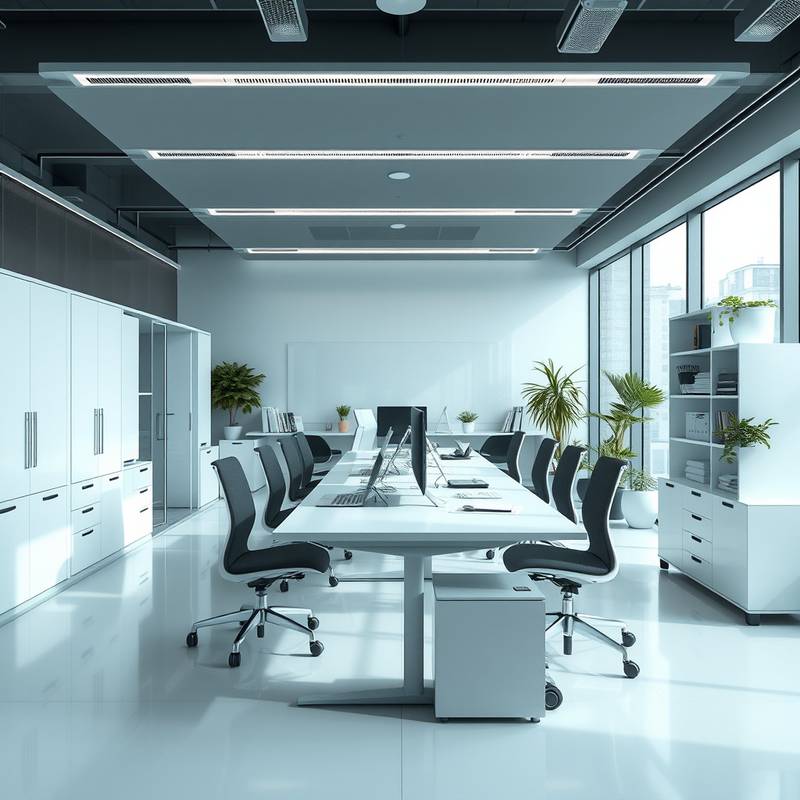 A modern office space with a minimalist design, ergonomic furniture, and ample natural light. Features a clean and uncluttered workspace to promote productivity.