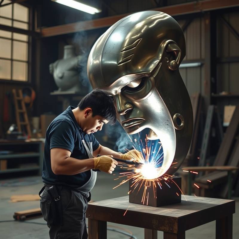 A photo of sculptor Marcus Chen working on a large-scale metal sculpture in his workshop.