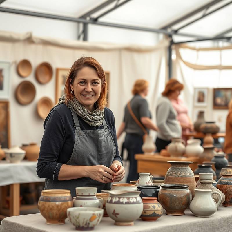 A photograph of ceramic artist Elena Petrova displaying her handcrafted pottery at an art fair.
