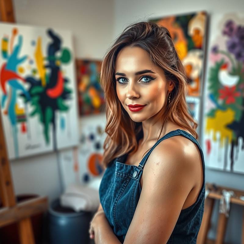 A portrait of painter Isabella Rossi in her studio, surrounded by colorful abstract canvases.