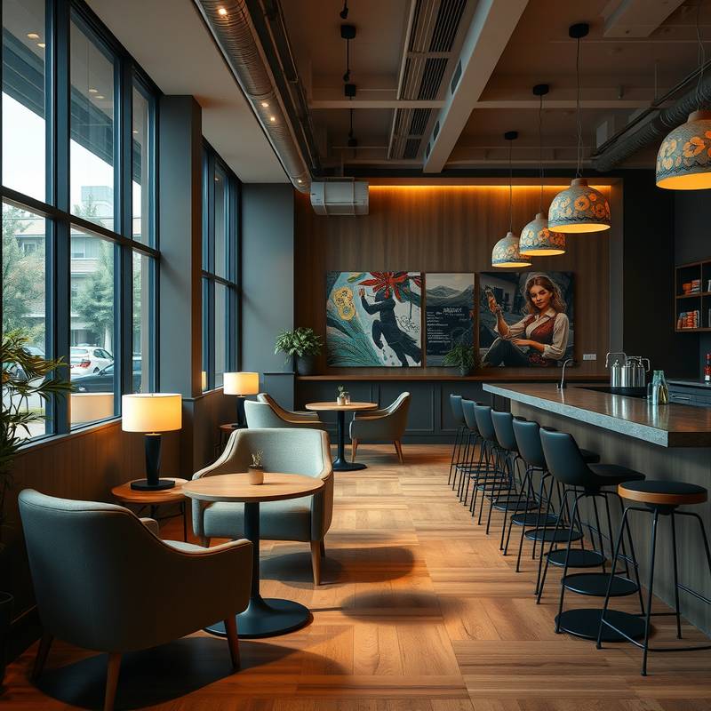 A stylish contemporary cafe with a mix of seating options, including comfortable armchairs, bar stools, and communal tables. Features warm lighting and natural wood accents.