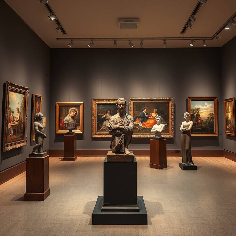 An art gallery featuring a diverse collection of contemporary paintings and sculptures.