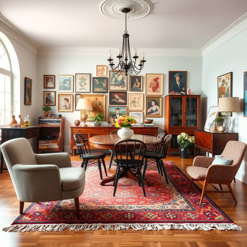 An eclectic dining room with a mix of vintage and modern furniture, a bold patterned rug, and a statement chandelier. The walls are adorned with a gallery of artwork.