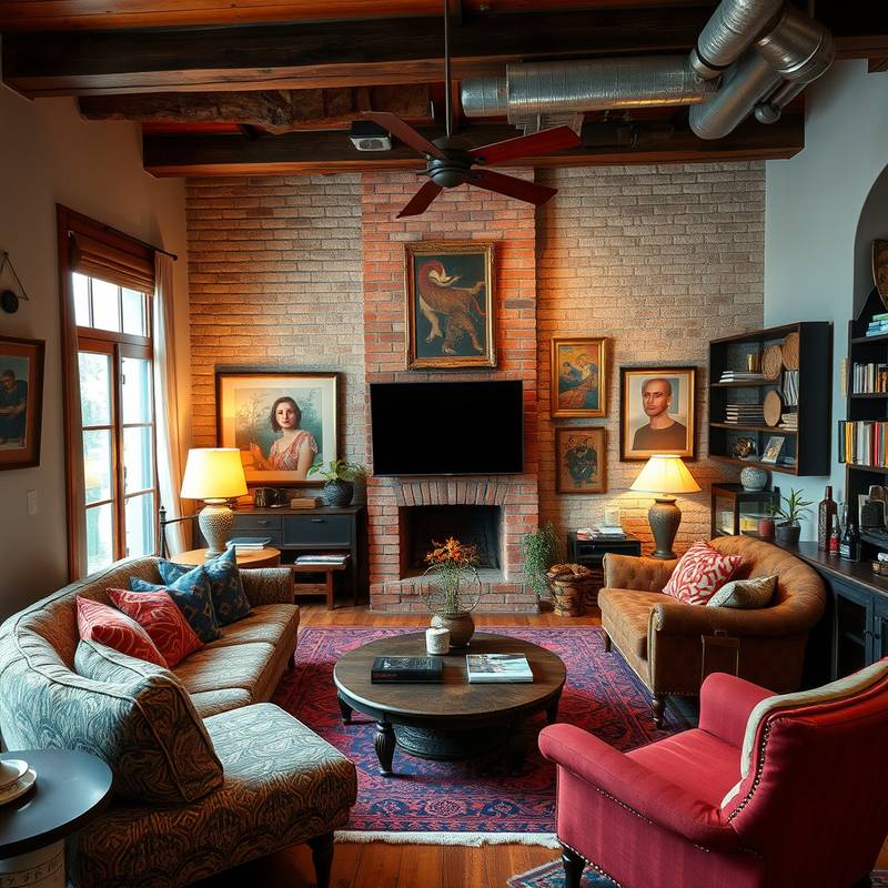 An eclectic living room featuring a mix of textures, patterns, and colors. The room is filled with unique furniture pieces and decorative objects, creating a personalized and inviting space.