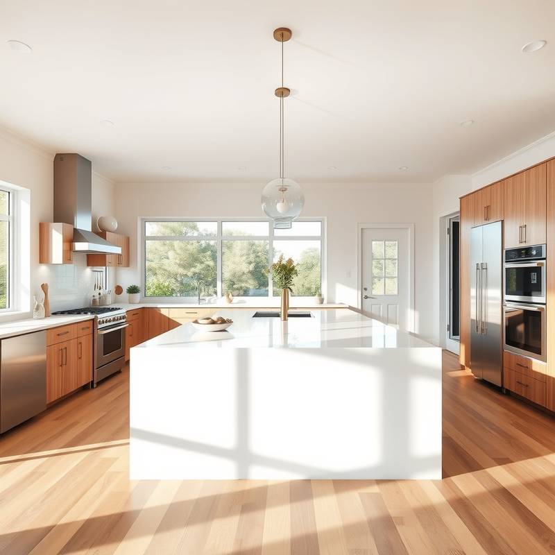 An open-floor plan kitchen featuring a central island, stainless steel appliances, and seamless integration with the living area.