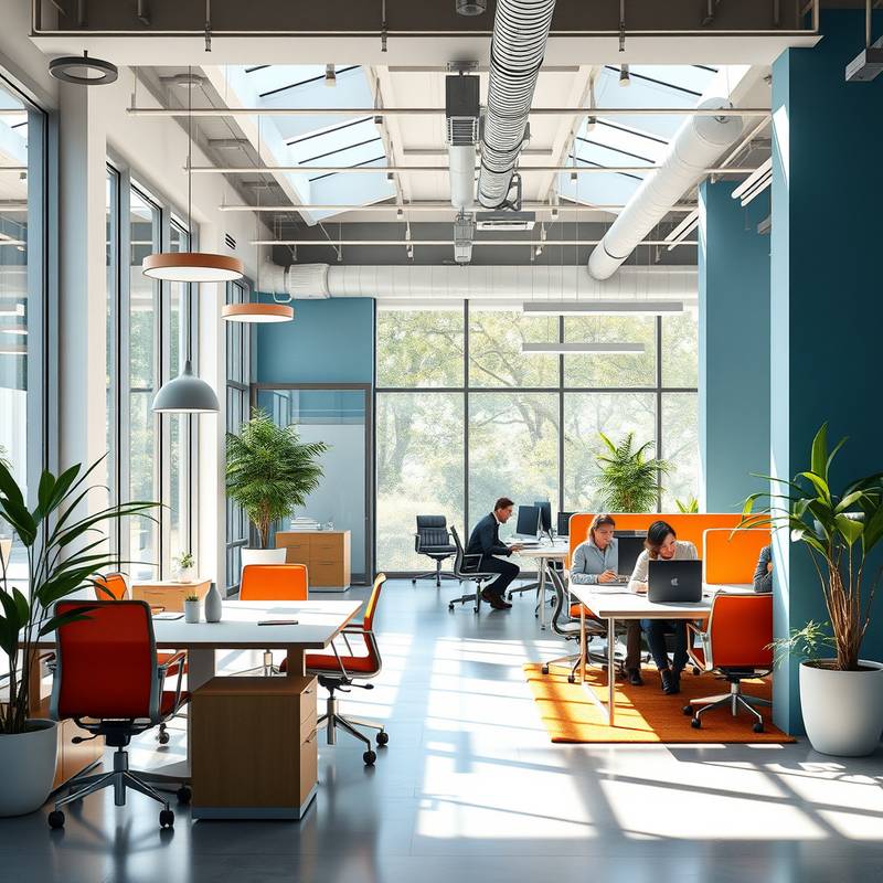 Contemporary office space with open layout, collaborative workspaces, and vibrant accent colors.