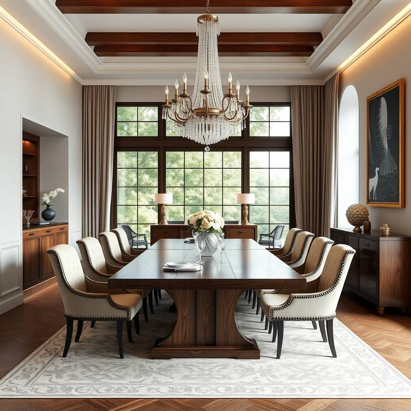 Elegant residential dining room with a large wooden table, upholstered chairs, and a crystal chandelier.