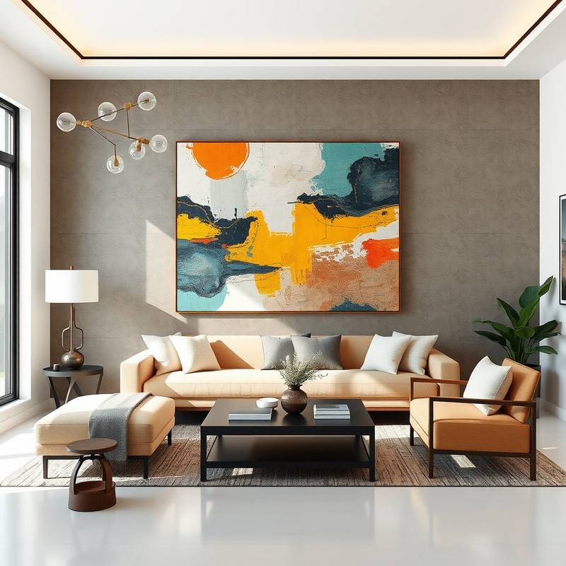 Modern apartment living room with minimalist furniture and a large abstract painting.