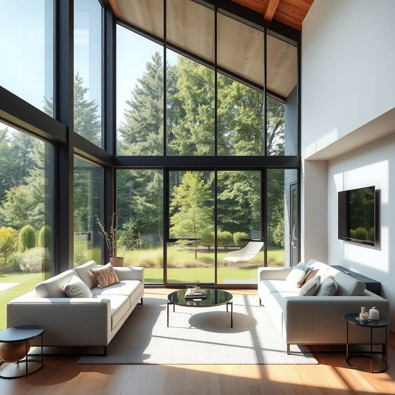 Modern living room interior with a large window, comfortable sofa, and minimalist decor.