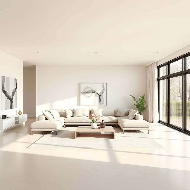Modern living room with a neutral color palette, large windows, and a comfortable sectional sofa. Features a minimalist coffee table and abstract art on the walls.
